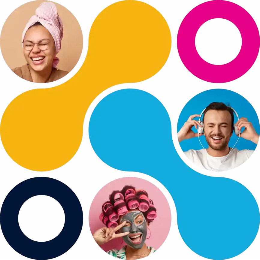 Graphic including photo of vector illustration of blobs and 3 portraits of people