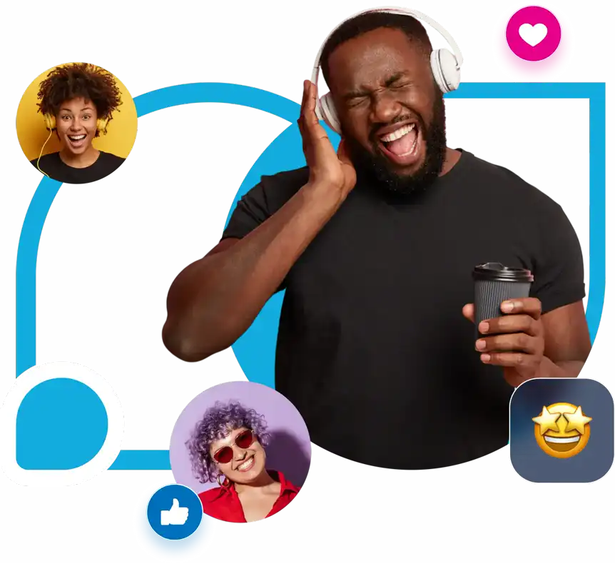 a man with a beard and a cup of coffee listening to music with a bunch of emoticons