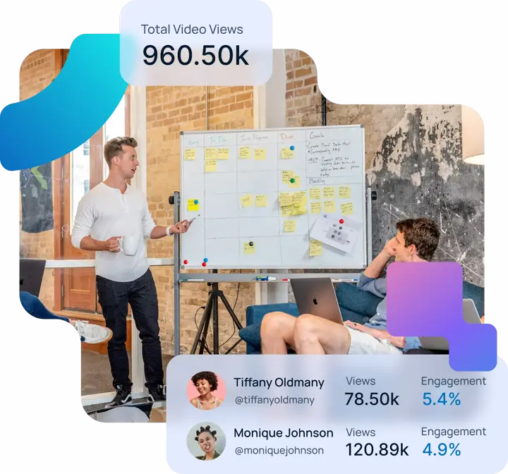 Man going through whiteboard with a pen, another man watching him from a couch