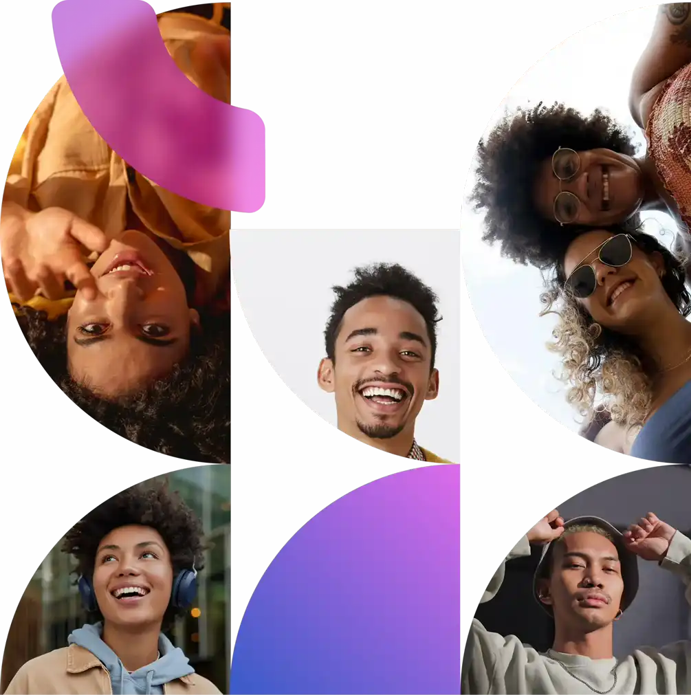 Picture of multiple people, cut out in different shapes using a vector mask