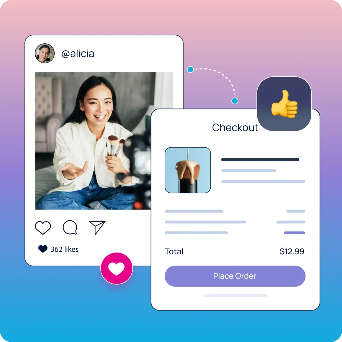 a woman is holding a brush and a ecommerce card with said brush